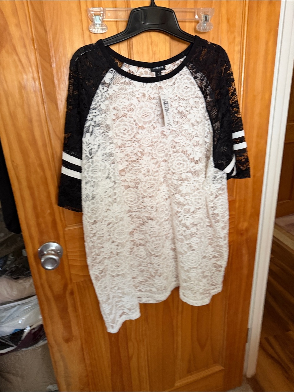 torrid Black & White Floral Lace Raglan Tee with Striped Sleeves